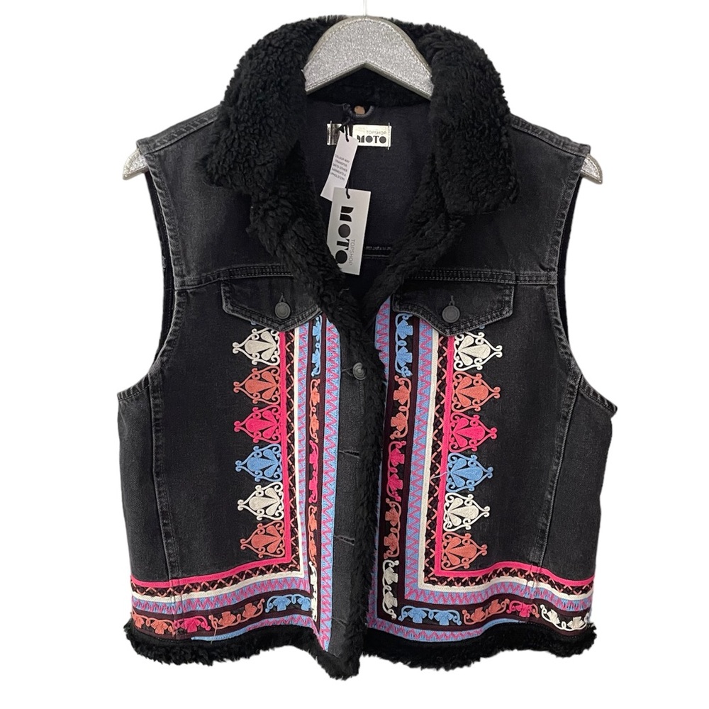 NWT Topshop Motto Black Denim with Colorful Embroidery Sherpa Lined Vest